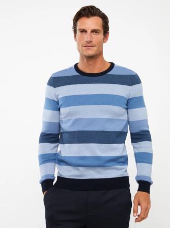 پليور بافتني مردانه راه راه آستين بلند يقه کرو LCWAIKIKI Classic آبي